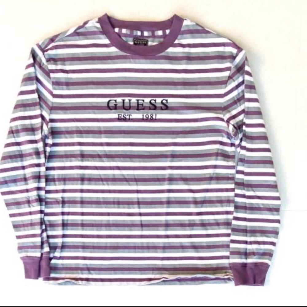 Men’s Guess Los Angeles Purple White Grey Striped Long Sleeve T-Shirt •Size L